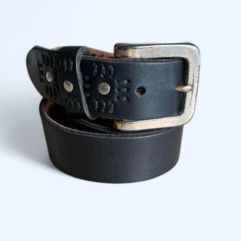 Black leather western embroidered belt with silver buckle